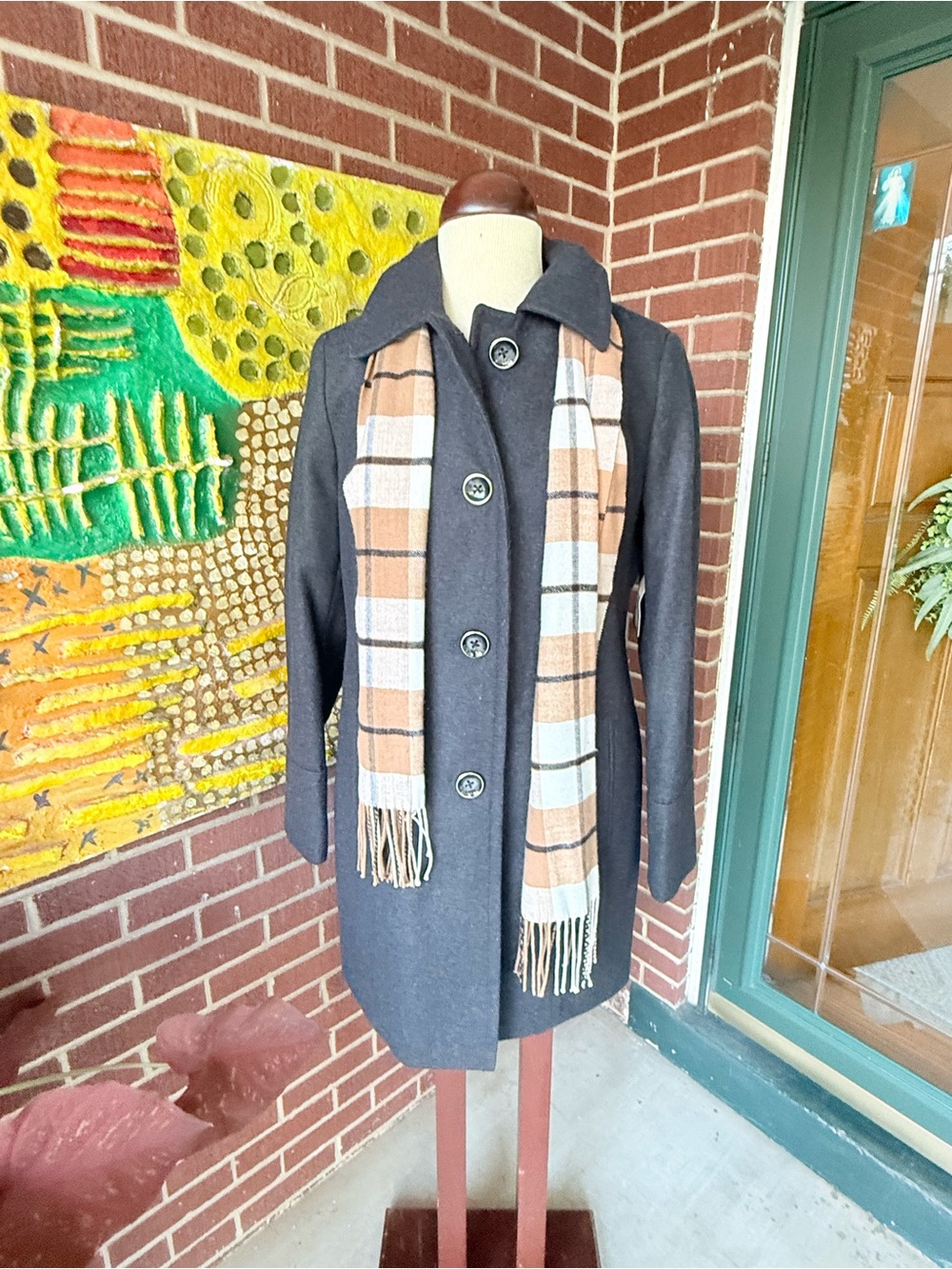 St. John's Bay DarkGray Wool Blend Coat with Tan & Cream Plaid Scarf